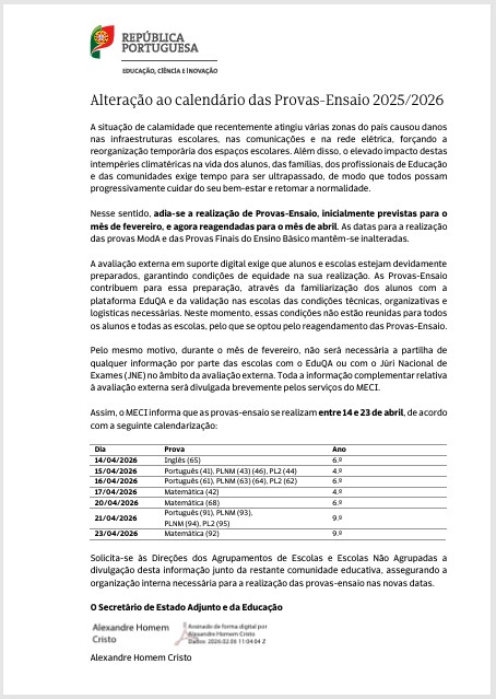 2603 alteracao calendario provas ensaio